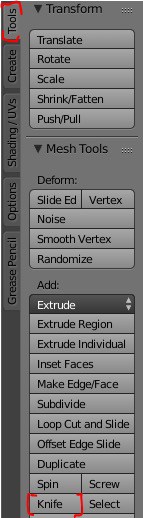 The knife tool menu item highlighted in the Blender interface.