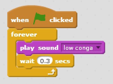 Code blocks that will play the low conga sound, wait 0.3 seconds and do this forever when the flag is clicked.