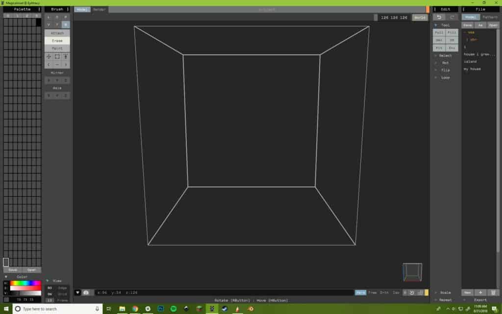 Magicavoxel interface with a new file started. A 126 x 126 x 126 box created.