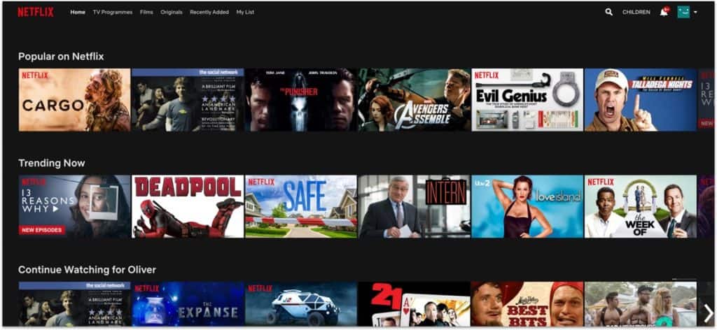Various category lists of movies on the homepage of the Netflix website.
