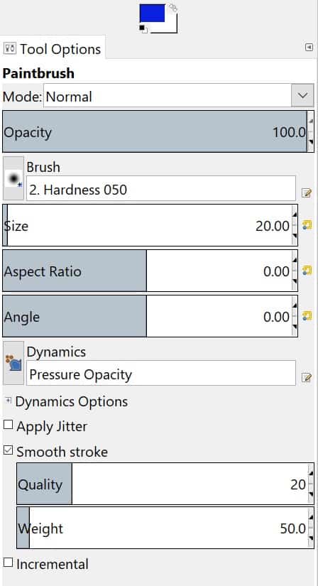The tool options menu found in the toolbox. The opacity, size, weight and more can be adjusted using a slide bar and other functions can be turned on or off. 
