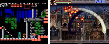 Side-scroller perspective of Castlevania series from NES version and Nintendo DS version.