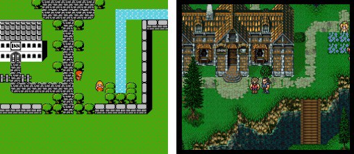 Top-down perspective for Final Fantasy for NES and Final Fantasy III for SNES.