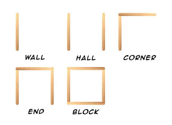 Permutation pieces (wall, hall, corner, end, and block) made out of popsicle sticks.