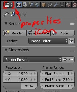 The properties icon highlighted in the Blender interface.