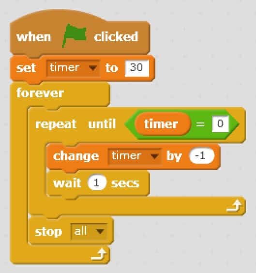 A block of instructions that counts down from 30 seconds. 