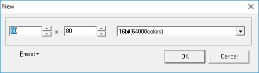 New file window with canvas set to 80x80 and colour mode set to 16bit (64000 colours).