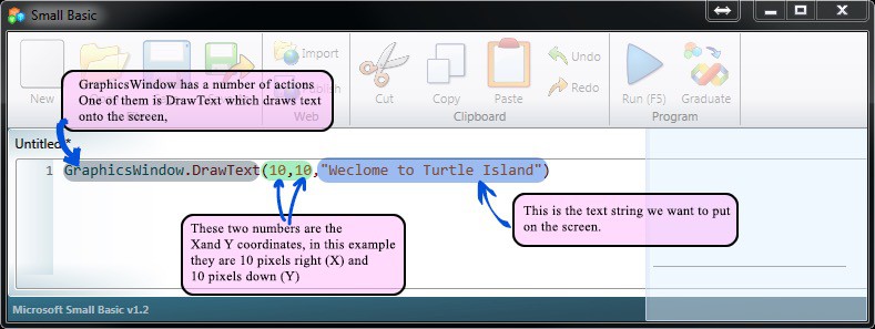 GraphicsWindow after running the Turtle Island program which displays the "Welcome to Turtle Island" message.