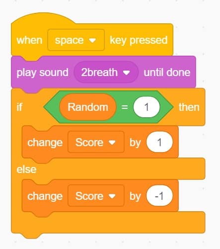 A group of Scratch blocks that changes the score based on a conditional.