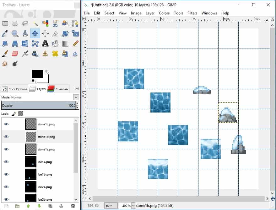 GIMP screenshot of all tiles created added to canvas.