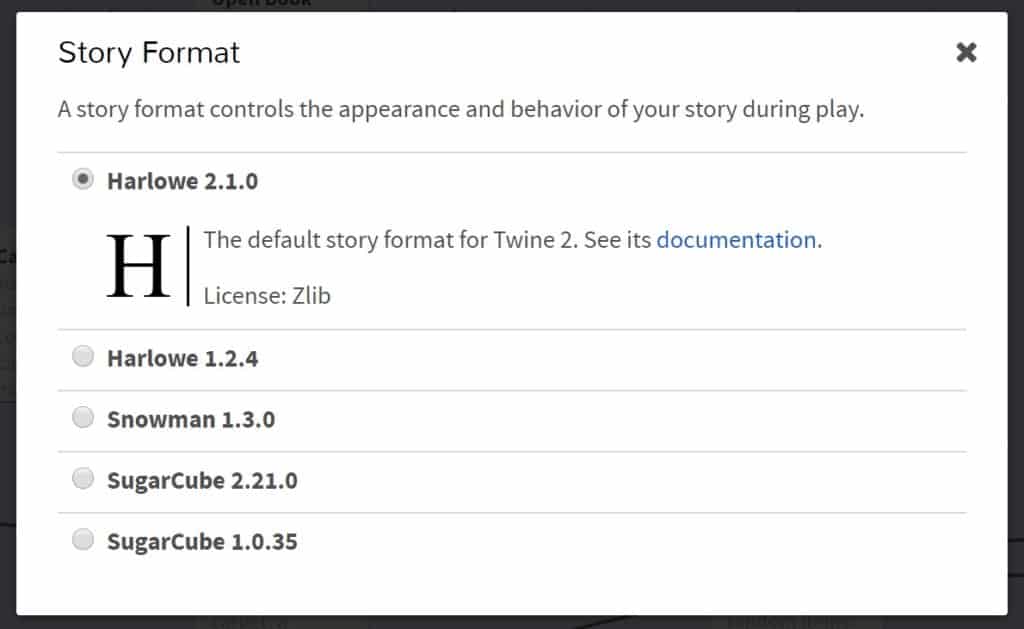 The story format options in Twine.