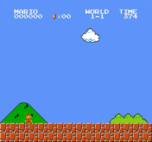 The first screen of game of play on Super Mario Bros.