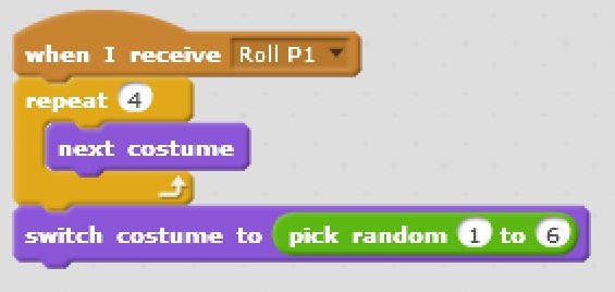 Scratch code blocks that gives the illusion the dice is rolling and selects a random costume to display.