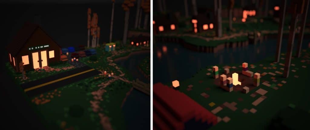 Rendered images of a voxel model showing a store and campers sitting by a fire.