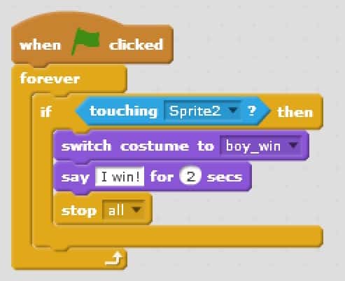 An if then block that checks if the boy sprite has made it to the end by touching a specific sprite.