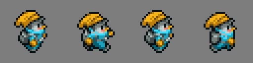 Four frames of a character sprite used to create a walk cycle.