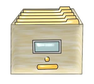 This image is a drawing of an archive box filled with manilla folders. Many terms, images and icons used on computer systems come from the non-digital world, including folders.