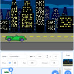 The top half of the scratch backdrop is a photo of a green car on a highway, with buildings illuminated in the background. The bottom half is buttons you click to change your backdrop and your scratch character.