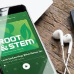 Smart phone with a set of headphones displaying "Root & STEM podcast" cover art.