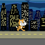 The scratch cat is walking along the backdrop that is a highway. The goal is to create a transition from that backdrop to a black backdrop.