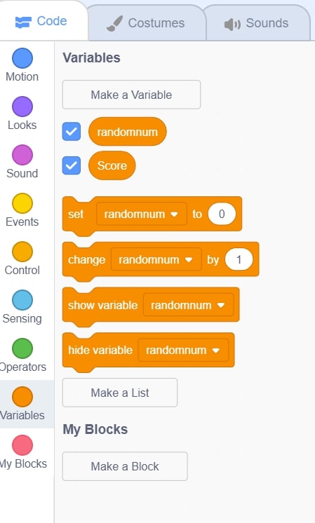 Block code in Scratch for different variables