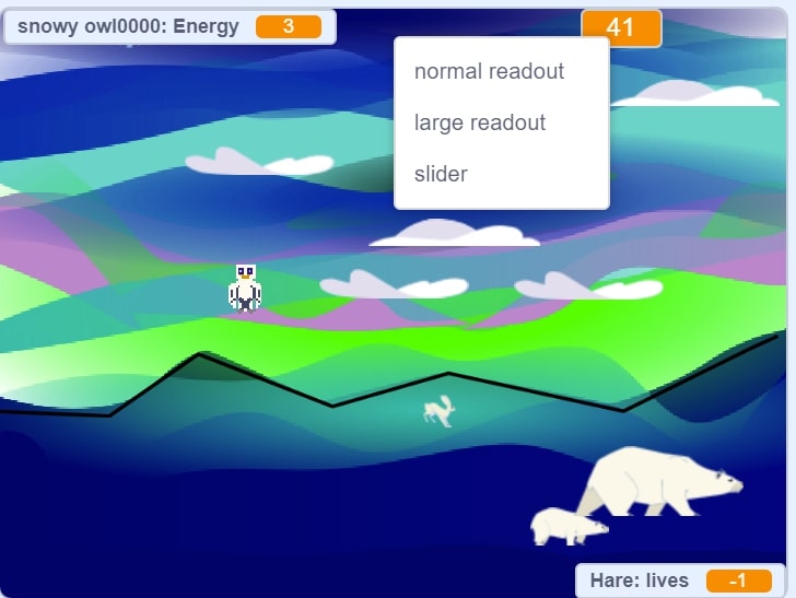 Scratch background with an owl, a hare, and two polar bears with a window that reads "normal readout, large readout, slider"