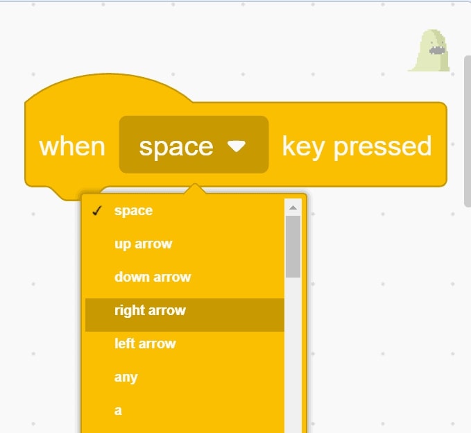 "When space key pressed" block showing different key directions