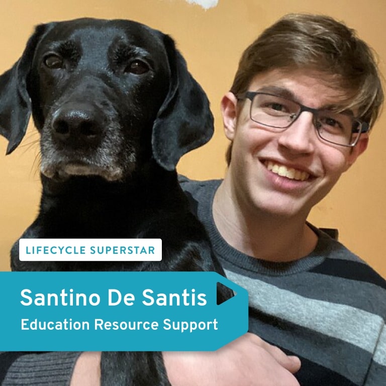 Santino with his dog with a banner in the bottom left hand corner that reads his name.