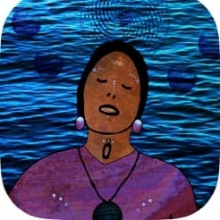A drawing of a woman in front of water.